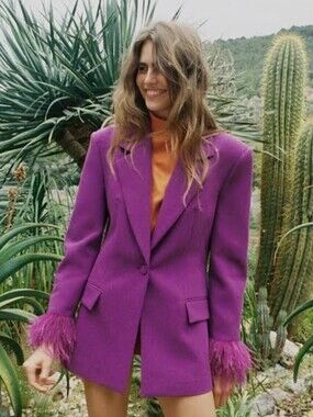 Purple Feather-Cuff Shoulder Pad Blazer